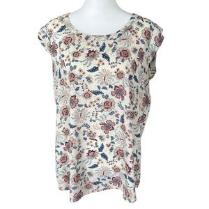 PLEIONE cap sleeve floral print blouse in white SZ XL